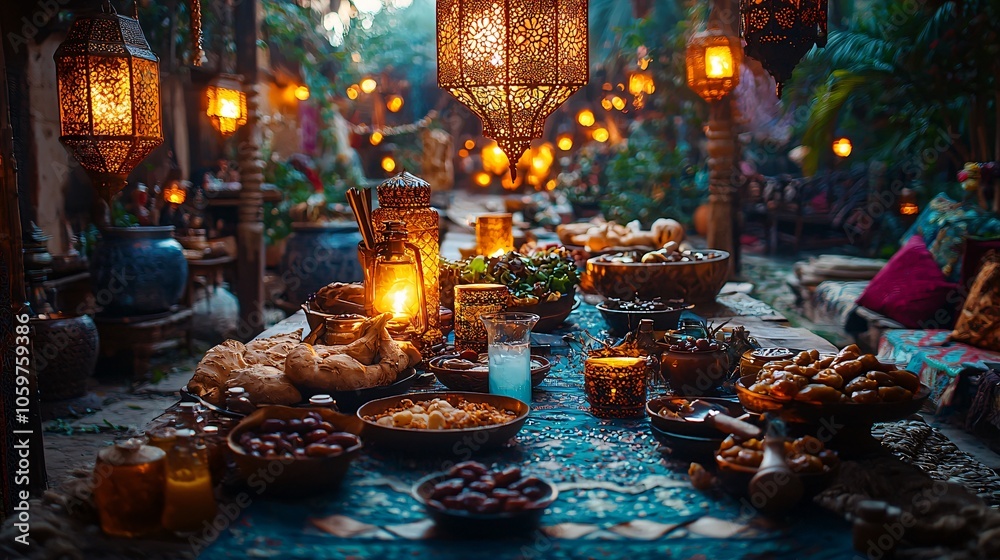 Obraz premium A Festive Middle Eastern Feast Under Lanterns