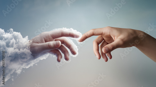 A surreal image depicting a human hand reaching out to a cloud-like hand, symbolizing connection and creativity in a dreamlike atmosphere. photo