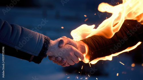 Two hands, one male and one female, shake hands amidst swirling flames, symbolizing unity in conflict, with contrasting cool winter tones and fiery elements. photo