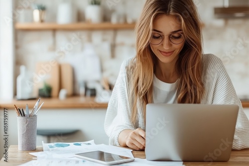 A cheerful woman in glasses is using her laptop surrounded by papers, capturing productivity, positivity, and a cozy home office atmosphere.