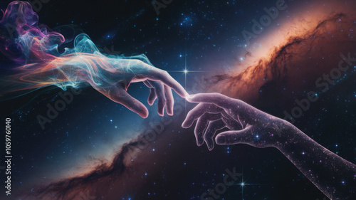 Two ethereal hands reaching out towards each other, set against a vibrant cosmic background filled with stars and colorful wisps of smoke, symbolizing connection and creation.