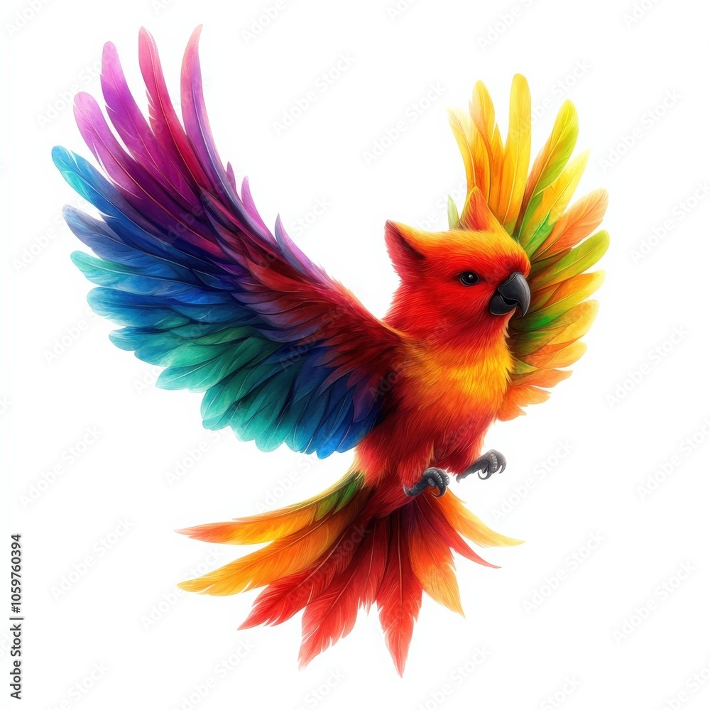 Obraz premium Vibrant parrot with striking colorful wings, white isolate background.