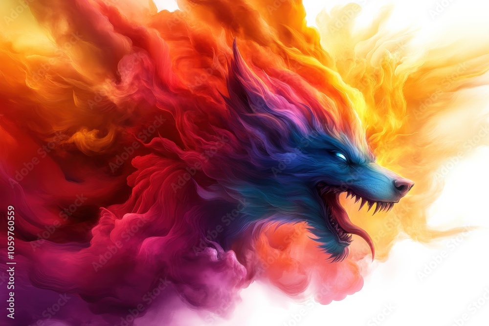 Fototapeta premium Vibrant wolf illustration with colorful smoke, digital art on white background.