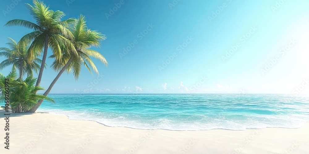 Fototapeta premium Idyllic tropical beach with palm trees and crystal-clear turquoise ocean waves, stunning white sand, sunny day, blue sky perfect for relaxation and travel escape