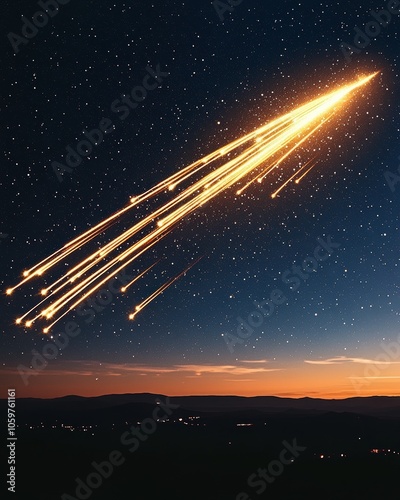 Stunning Meteor Shower Bright Meteorites Streak Across Night Sky Over Scenic Landscape with Stars at Twilight Creating Cosmic Spectacle with Glowing Trails photo