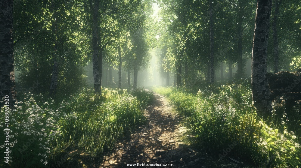 Obraz premium A Sunlit Path Through a Misty Forest