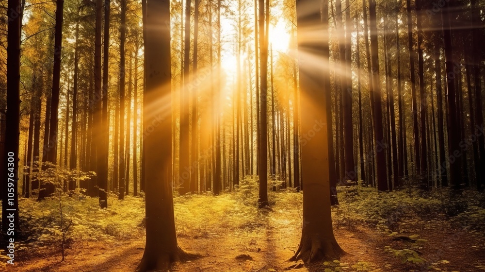 Fototapeta premium Sunlit Forest with Golden Rays Filtering Through Trees