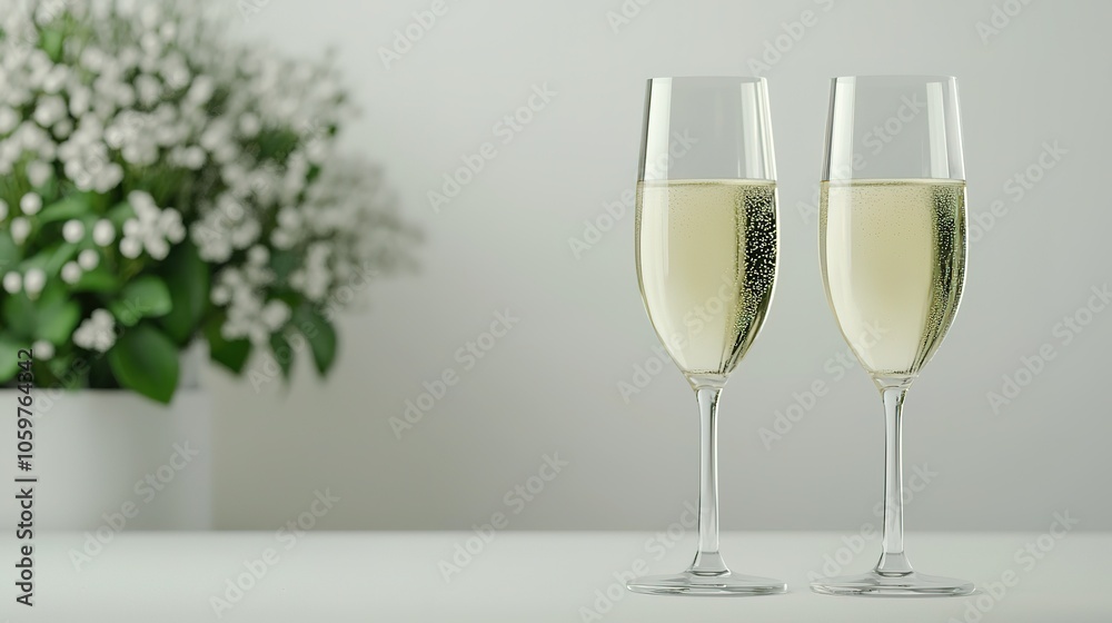 Fototapeta premium Two elegant champagne flutes filled with bubbly drink sit on a table beside a lovely bouquet of flowers, creating a festive atmosphere.