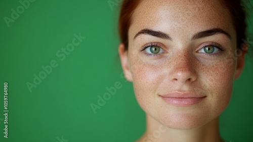 Brighteyed individual with a warm expression framed by green. photo