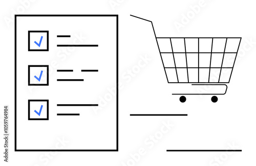 A shopping list with checkmarks beside tasks and a shopping cart. Ideal for retail, grocery shopping, task management, online shopping, organization. Simple line art style