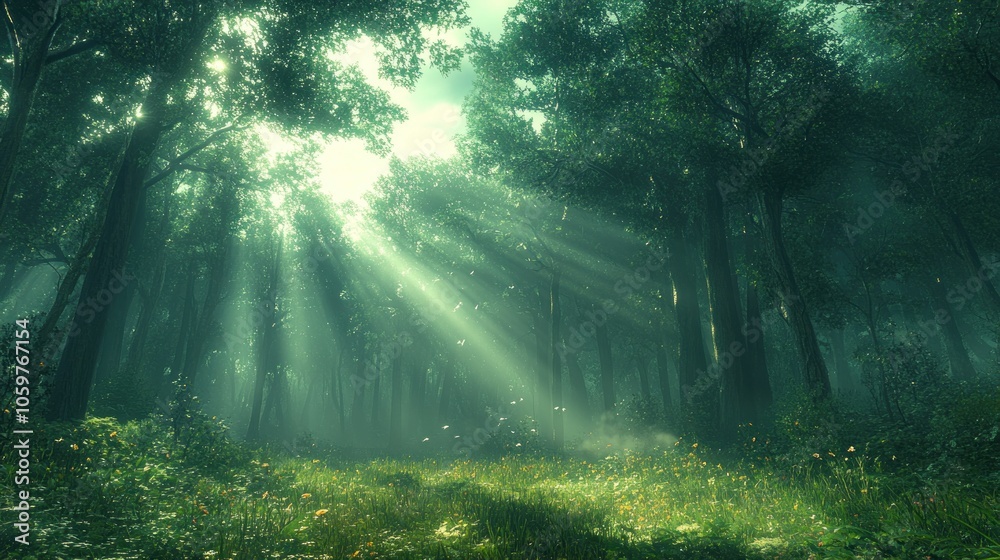 Fototapeta premium Sunbeams Illuminating a Mystical Forest Clearing