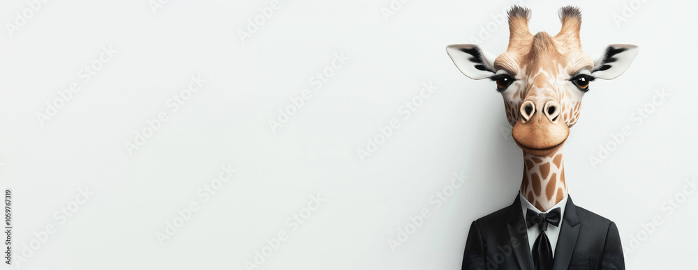 Humorous anthropomorphic illustration of a giraffe wearing a formal black suit and bow tie against a plain white background.