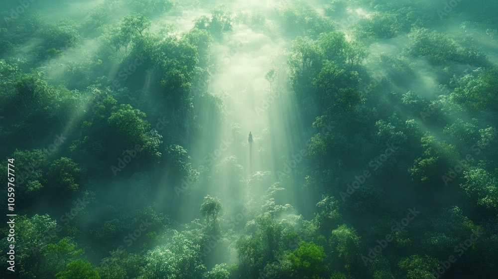 Fototapeta premium Sunlight Streaming Through a Misty Forest Canopy