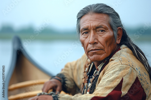 a Native American man paddling a canoe on a serene lake. photo