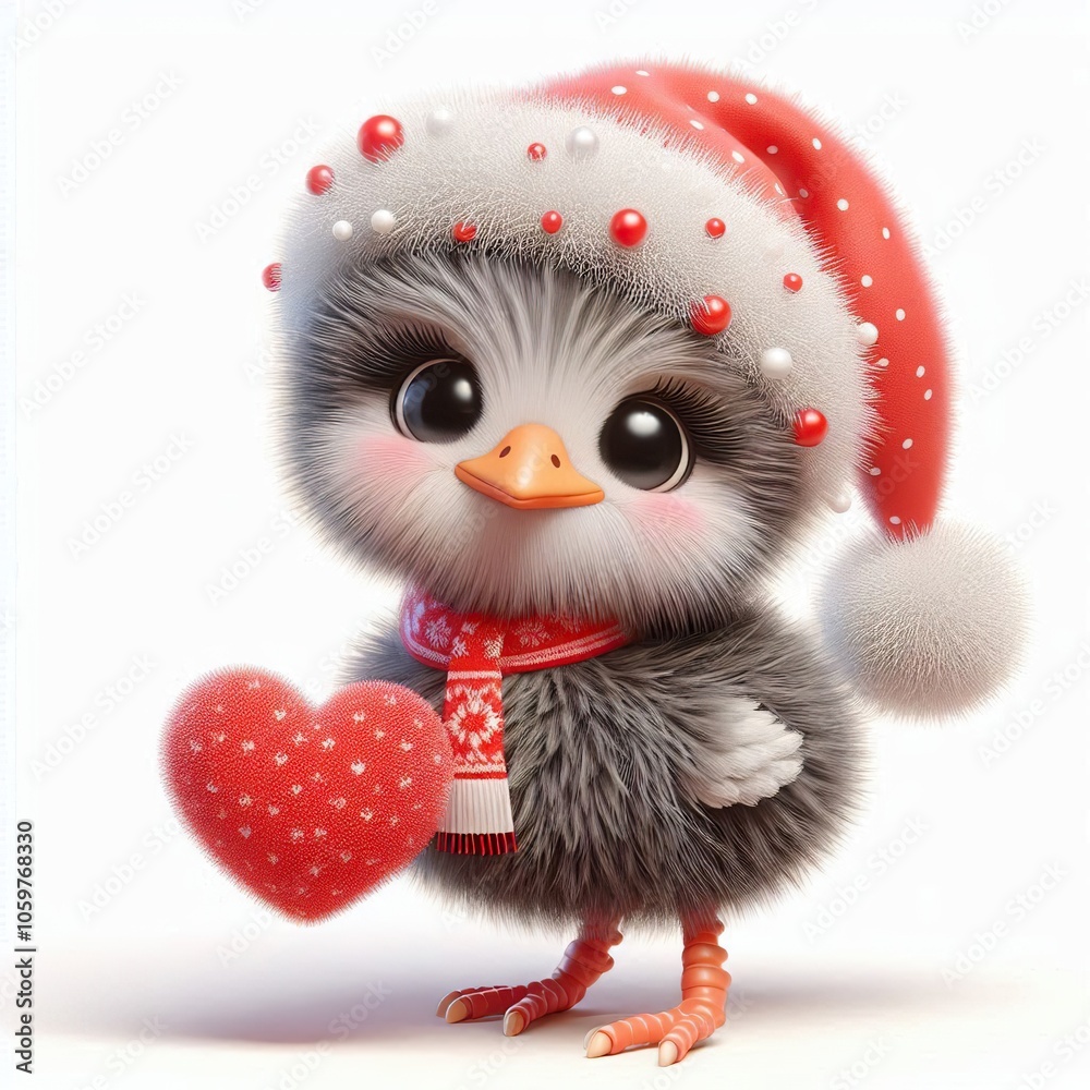 Obraz premium 3d Cute fluffy christmas ostrich doing mini heart pose, full body, white background