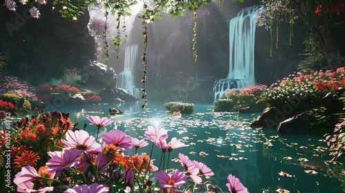 Serene Paradise: A Flourishing Garden of Flowers, Rivers, and Majestic Waterfalls photo