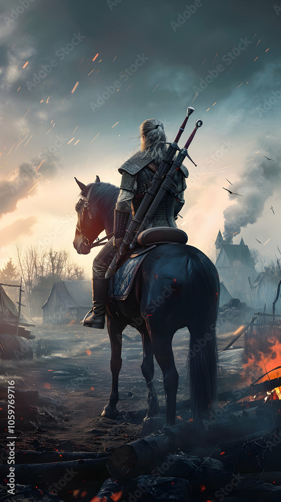 Fototapeta premium A lone warrior on horseback surveys a battle-scarred landscape at dusk.