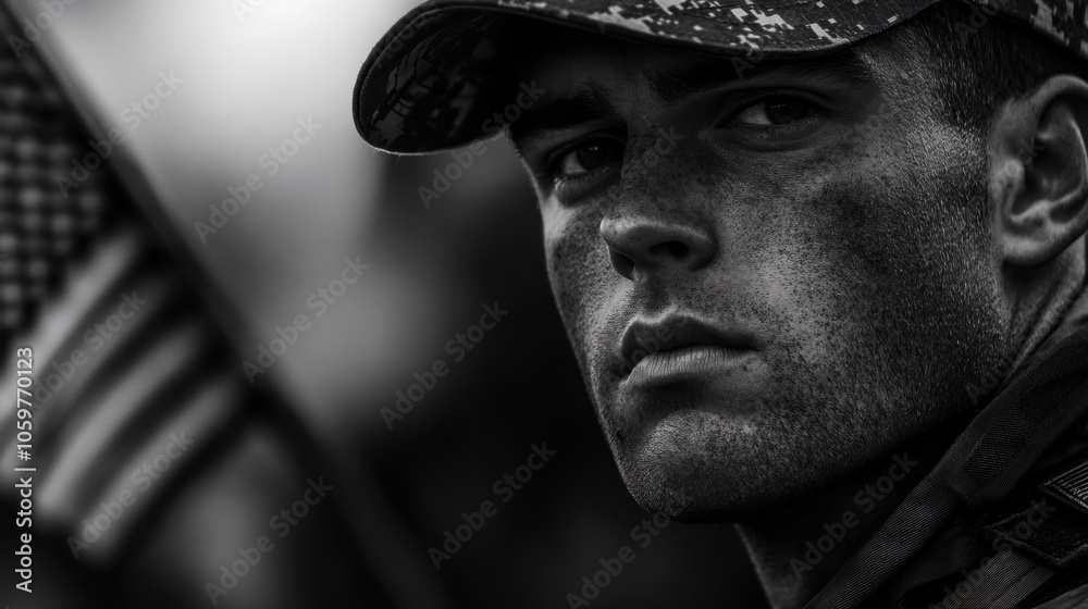Obraz premium Determined Patriot: Veteran Soldier's Focus and Dedication