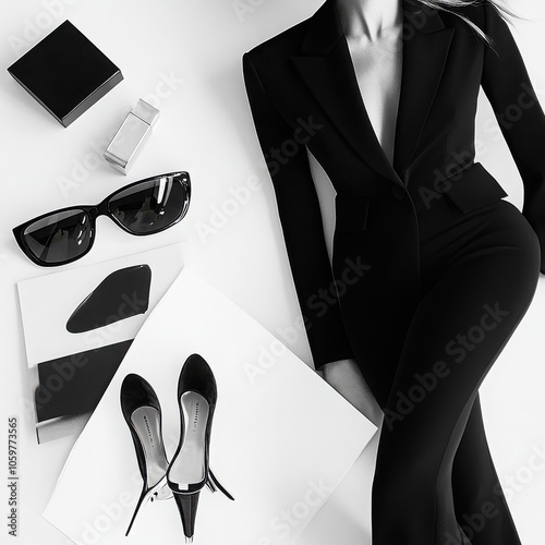 Power Dressing:  A  woman in a sleek black suit, sunglasses and high heels lays on a white background, exuding power and confidence.  Her  style is both  classic and modern.