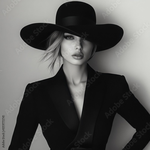 Monochrome Elegance: A sophisticated woman in a wide-brimmed black hat and blazer exudes confidence and timeless style.  A striking black and white portrait.