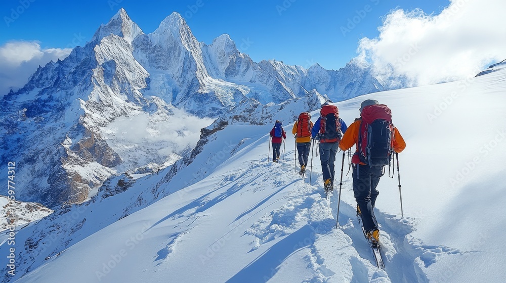 A group of climbers makes their way along a snowy trail in the Himalayas, surrounded by towering mountain peaks and clear skies. A group of climbers makes their way along a snowy trail in the Himalayas, surrounded by towering mountain peaks and clear skies.