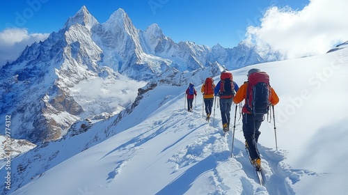 A group of climbers makes their way along a snowy trail in the Himalayas, surrounded by towering mountain peaks and clear skies.