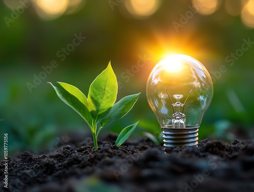 A young green plant grows beside a light bulb in soil, symbolizing the concept of renewable energy and sustainable growth with a backdrop of a glowing sunrise. photo