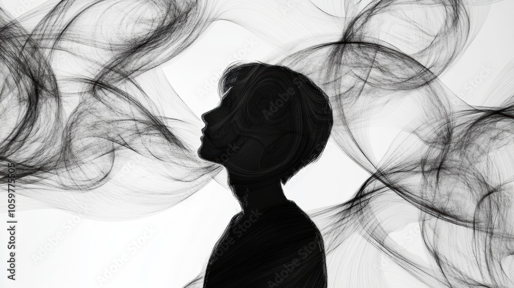 Naklejka premium A person’s silhouette stands still, enveloped in swirling abstract smoke, creating a captivating visual contrast in a serene space. Generative AI