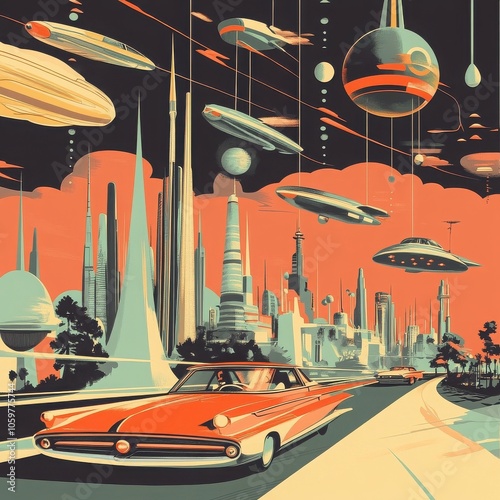 Retro Futuristic Cityscape: A red car glides through a vibrant, stylized cityscape, surrounded by flying machines, futuristic buildings, and celestial bodies.