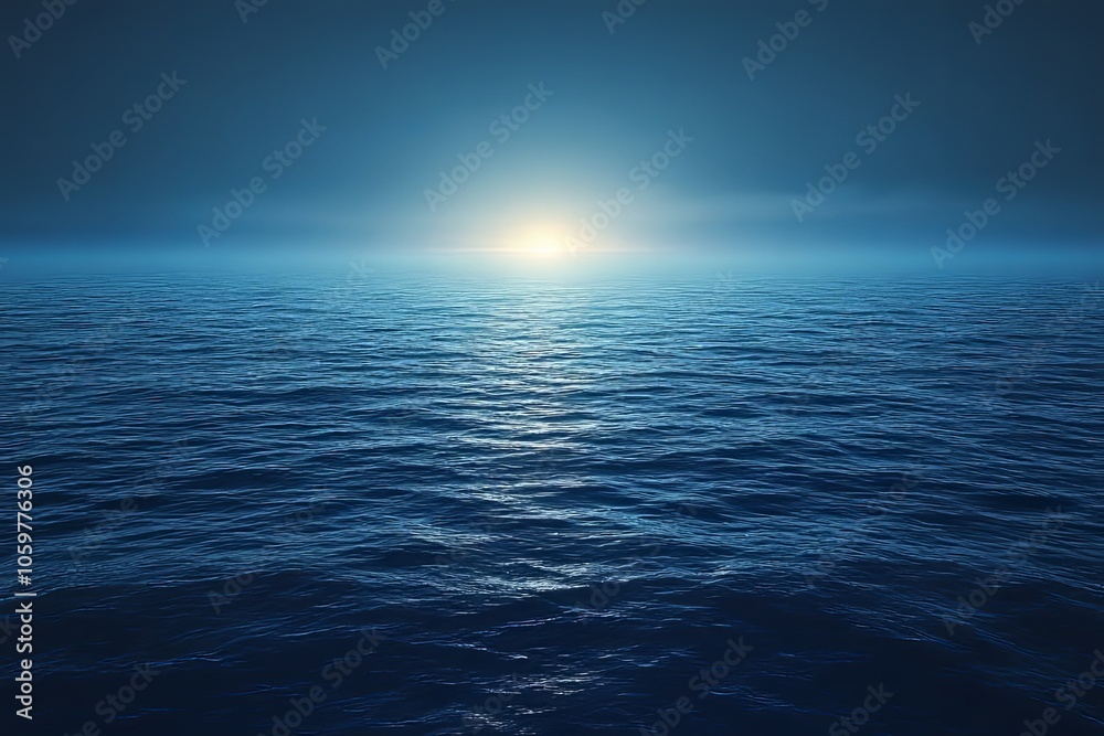 Obraz premium A serene view of the ocean at dusk with gentle waves reflecting the soft glow of the setting sun on the horizon. Generative AI