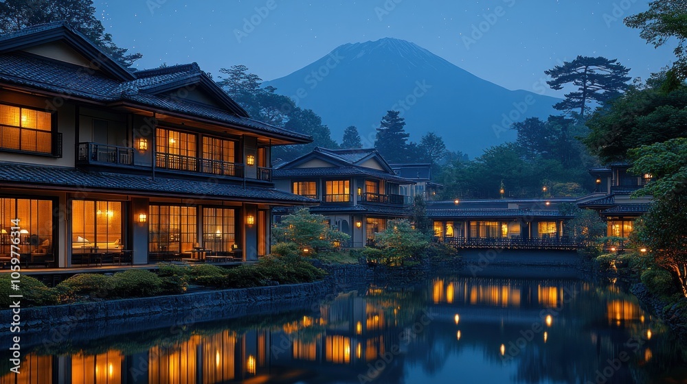 Obraz premium Traditional Japanese Houses with Mount Fuji in the Background at Night