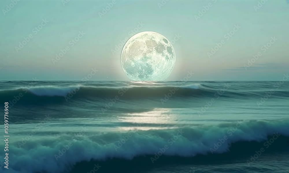 A serene ocean scene with a large, luminous moon rising above gentle waves at dusk. A serene ocean scene with a large, luminous moon rising above gentle waves at dusk.