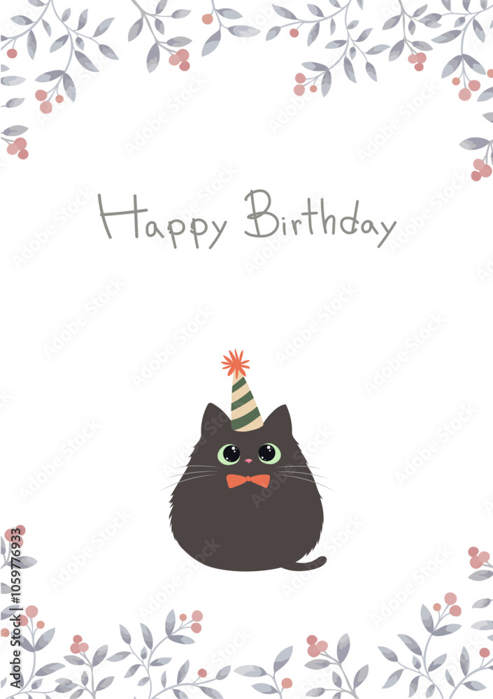 Obraz premium Birthday card design of cute black kitten wearing a party hat with Happy Birthday font. Cat in flat style vector illustration. Red berry botanical frame.