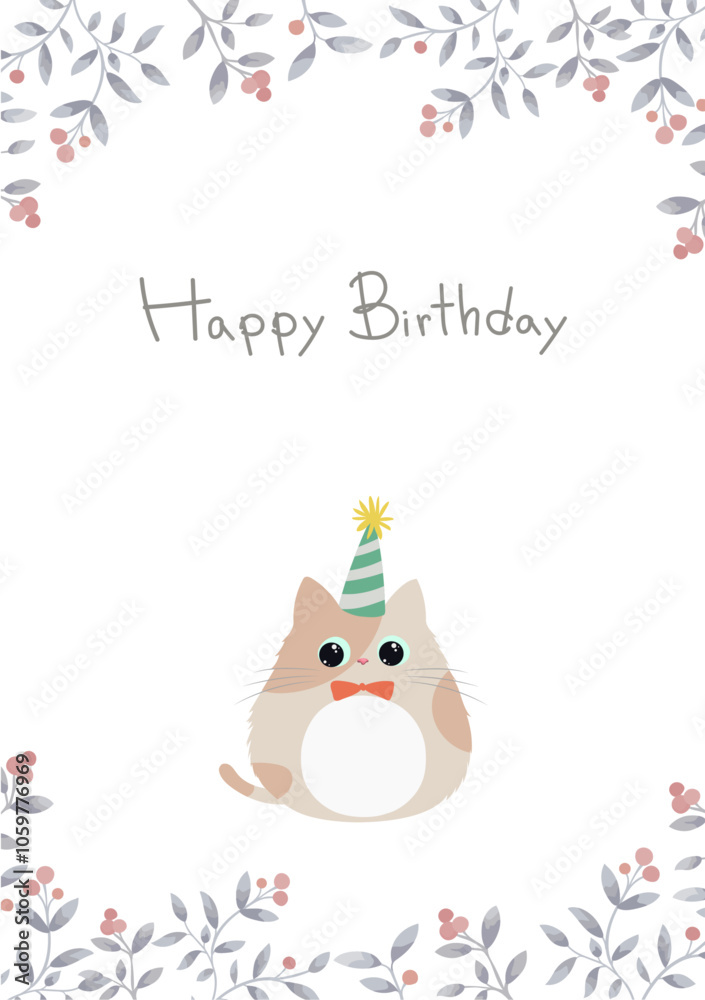 Obraz premium Birthday card design of cute brown kitten wearing a party hat with Happy Birthday font. Cat in flat style vector illustration. Red berry botanical frame .