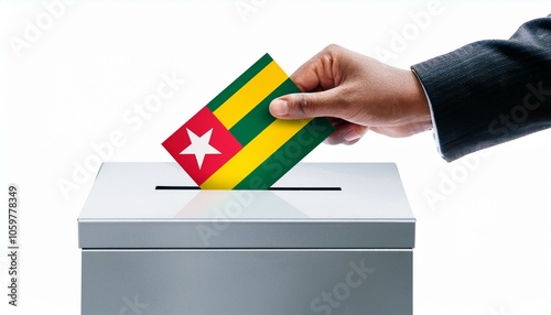 トーゴの国旗の投票用紙を投票する手と投票箱。選挙。(Hand and ballot box voting a ballot paper with the Togo flag on it. election.)
 photo