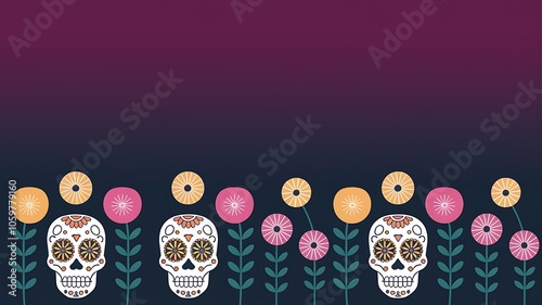 Colorful Sugar Skull with Floral Border on a Purple and Blue Gradient Background photo