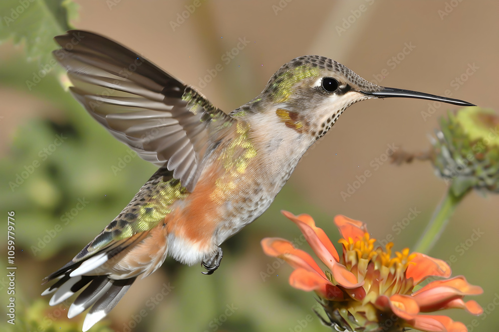 Fototapeta premium A hummingbird hovering near a vibrant flower, showcasing its iridescent feathers.