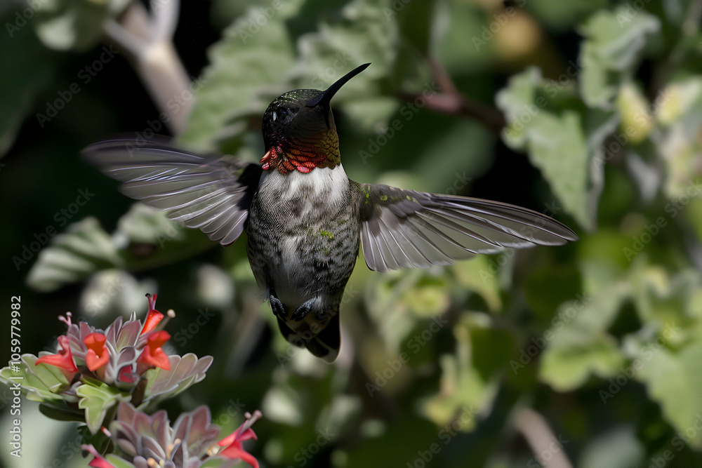 Obraz premium A hummingbird hovering near vibrant flowers, showcasing its iridescent plumage.