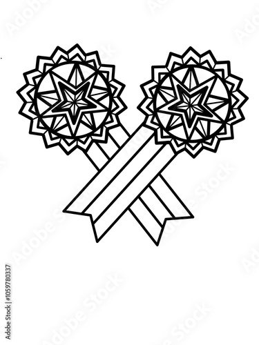 An illustration depicting a military medal isolated on a white background This illustration is black and white