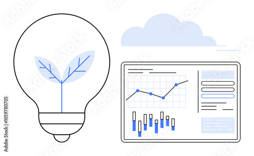 Lightbulb containing growing leaf next to data analytics dashboard displaying various charts and graphs. Ideal for sustainability, eco-friendly technology, innovation, business growth, data analysis