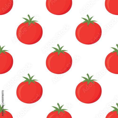 Vector Seamless Pattern with Whole Red Tomato on White Background. Fresh Tomato Print for Textile, Paper