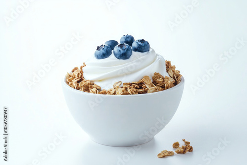 Bowl of granola with yo-yo and blueberries, set on wooden table with soft morning light, creating a cozy and inviting breakfast scene.