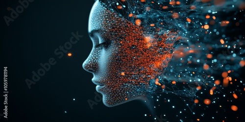 Artistic representation of a face constructed from a meshwork of glowing dots symbolizing the fusion of human emotions with technology and futuristic art forms. photo