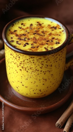 Delicious Turmeric Latte in Speckled Yellow Mug on Brown Saucer with Sprinkled Spices and Cinnamon Sticks - Cozy Autumn Beverage for Health and Nourishment photo