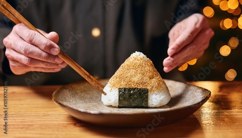 Faceless man eat Onigiri in restaurant with bokeh background. Japanese Food.