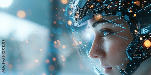 A close-up image of a person wearing a futuristic helmet with digital interface overlays, symbolizing human-machine interaction and advanced technology. photo