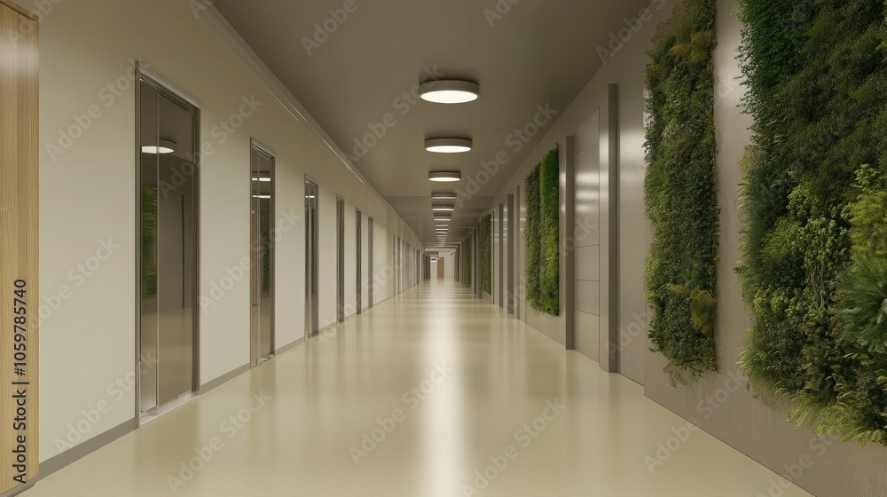 Fototapeta premium Modern Corridor with Green Wall and Elevators