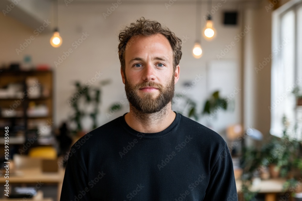 Obraz premium A young man with a beard stands in a casual office space, looking at the camera, symbolizing comfort, modern workspace, and a relaxed work atmosphere.