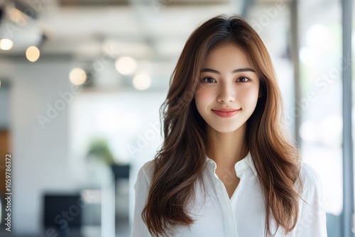 Free Download A young woman smiles confidently at the camera while standing in a bright and modern office environment, representing professionalism and contemporary workplace dynamics. - GFXLoad