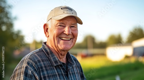 Elderly Man Smiling Against a Farm Background. This heartwarming image features an elderly man with a genuine smile, exuding warmth and wisdom. He stands against a picturesque farm backdrop, 